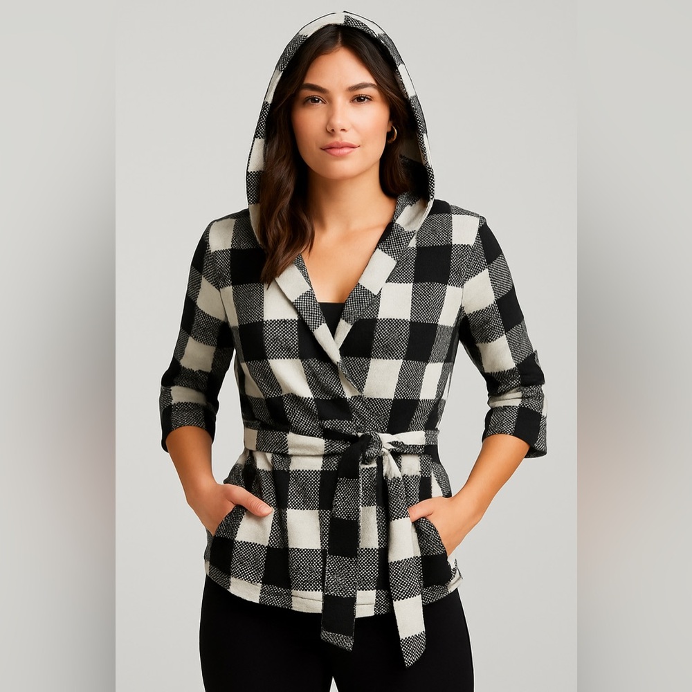 Akira Chicago Red Label Black & White Plaid Hooded Belted Cardigan Women’s Small